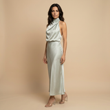 Vestido Midi Halter Satén Drapeado Espalda Descubierta Mujer
