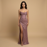 Vestido Largo Corset Glitter Abertura Alta Tirantes Finos Mujer