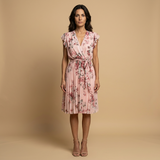 Vestido Midi Floral Plisado Wrap Volantes Hombro Mujer
