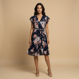 Vestido Midi Floral Plisado Wrap Volantes Hombro Mujer