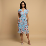 Vestido Midi Floral Plisado Wrap Volantes Hombro Mujer