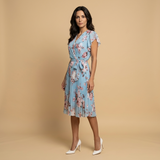 Vestido Midi Floral Plisado Wrap Volantes Hombro Mujer