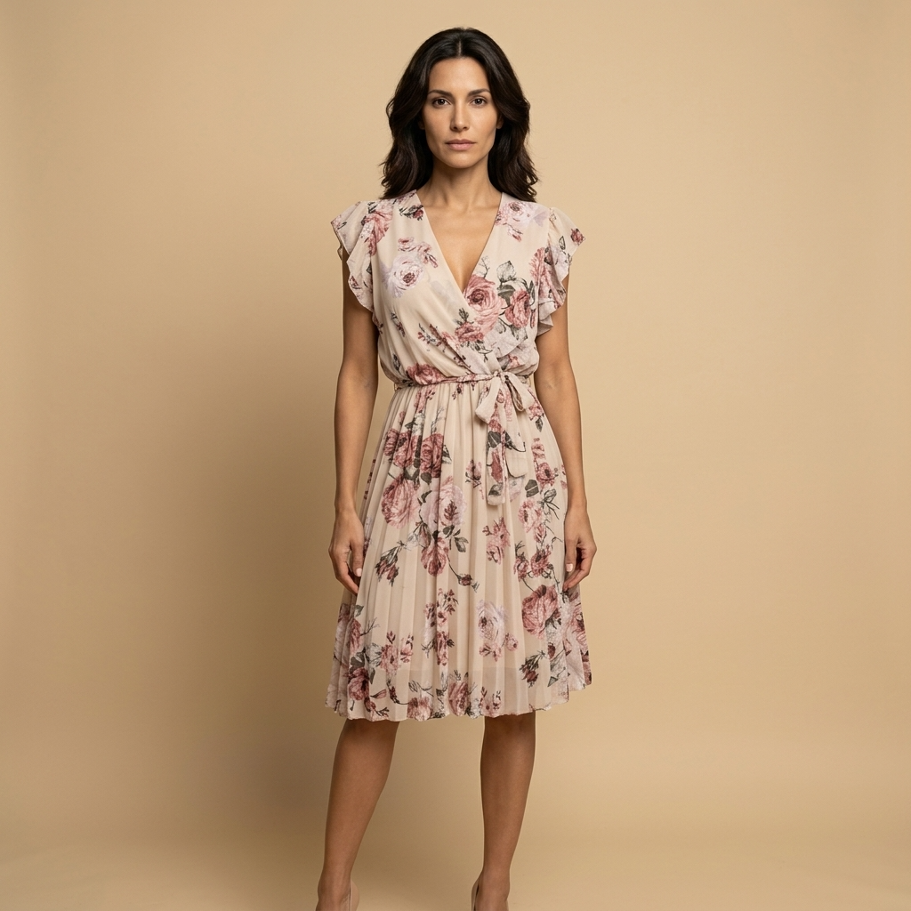 Vestido Midi Floral Plisado Wrap Volantes Hombro Mujer