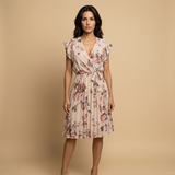 Vestido Midi Floral Plisado Wrap Volantes Hombro Mujer