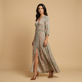 Vestido Largo Boho Paisley Smocking Abertura Frontal Mujer