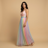 Vestido Largo Tul Plisado Multicolor Escote V Profundo Mujer