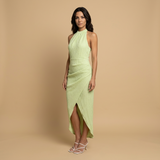 Vestido Midi Halter Plisado Falda Wrap Asimétrica Mujer