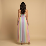 Vestido Largo Tul Plisado Multicolor Escote V Profundo Mujer