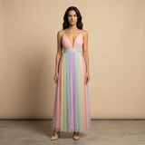 Vestido Largo Tul Plisado Multicolor Escote V Profundo Mujer