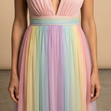 Vestido Largo Tul Plisado Multicolor Escote V Profundo Mujer