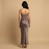 Vestido Largo Palabra Honor Corset Drapeado Cadera Satén Mujer