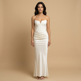 Vestido Largo Palabra Honor Corset Drapeado Cadera Satén Mujer