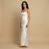Vestido Largo Palabra Honor Corset Drapeado Cadera Satén Mujer