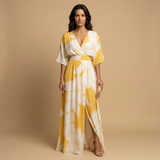 Vestido Largo Floral Gran Escala Manga Kimono Escote V Mujer