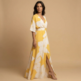 Vestido Largo Floral Gran Escala Manga Kimono Escote V Mujer