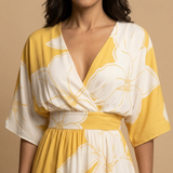 Vestido Largo Floral Gran Escala Manga Kimono Escote V Mujer