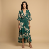 Vestido Largo Floral Manga Kimono Escote V Volante Asimétrico Mujer