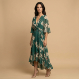 Vestido Largo Floral Manga Kimono Escote V Volante Asimétrico Mujer