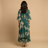 Vestido Largo Floral Manga Kimono Escote V Volante Asimétrico Mujer