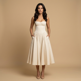 Vestido Midi Corset Palabra Honor Falda Vuelo Bolsillos Mujer