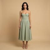 Vestido Midi Corset Palabra Honor Falda Vuelo Bolsillos Mujer
