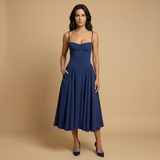 Vestido Midi Corset Palabra Honor Falda Vuelo Bolsillos Mujer