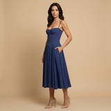 Vestido Midi Corset Palabra Honor Falda Vuelo Bolsillos Mujer