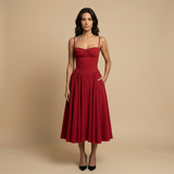 Vestido Midi Corset Palabra Honor Falda Vuelo Bolsillos Mujer