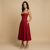 Vestido Midi Corset Palabra Honor Falda Vuelo Bolsillos Mujer