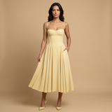 Vestido Midi Corset Palabra Honor Falda Vuelo Bolsillos Mujer