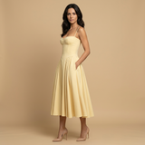 Vestido Midi Corset Palabra Honor Falda Vuelo Bolsillos Mujer
