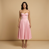 Vestido Midi Corset Palabra Honor Falda Vuelo Bolsillos Mujer