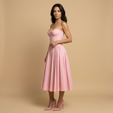 Vestido Midi Corset Palabra Honor Falda Vuelo Bolsillos Mujer