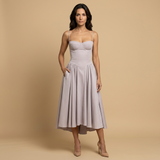 Vestido Midi Corset Palabra Honor Falda Vuelo Bolsillos Mujer