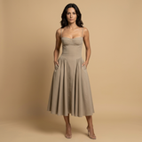 Vestido Midi Corset Palabra Honor Falda Vuelo Bolsillos Mujer