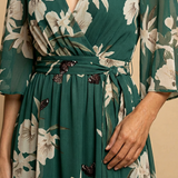 Vestido Largo Floral Manga Kimono Escote V Volante Asimétrico Mujer