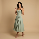 Vestido Midi Corset Palabra Honor Falda Vuelo Bolsillos Mujer