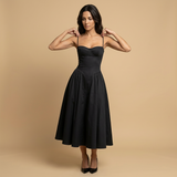 Vestido Midi Corset Palabra Honor Falda Vuelo Bolsillos Mujer