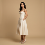 Vestido Midi Corset Palabra Honor Falda Vuelo Bolsillos Mujer