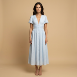 Vestido Midi Manga Mariposa Escote V Cintura Smocking Botones Mujer
