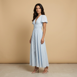Vestido Midi Manga Mariposa Escote V Cintura Smocking Botones Mujer