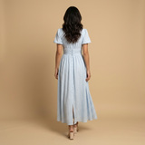Vestido Midi Manga Mariposa Escote V Cintura Smocking Botones Mujer