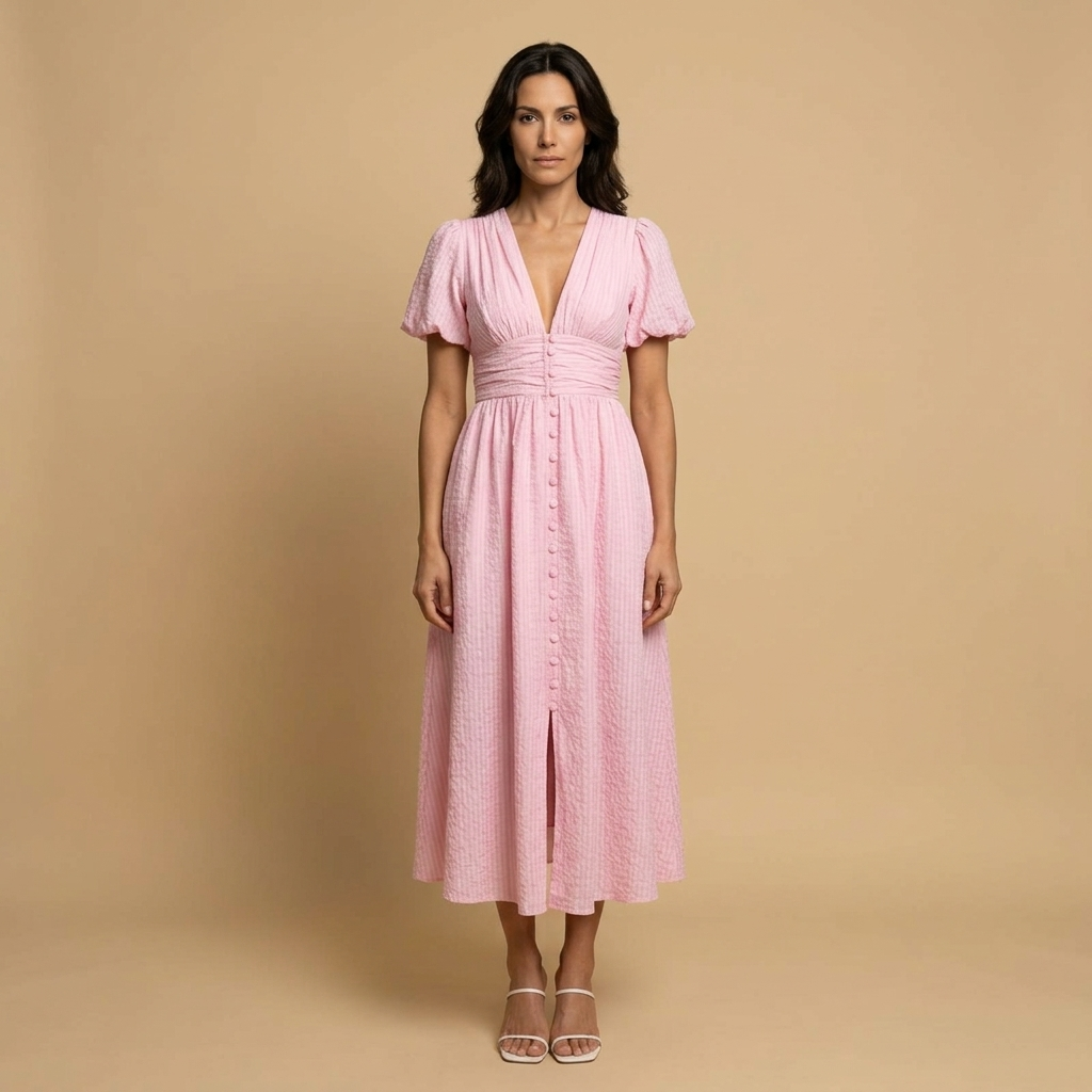 Vestido Midi Manga Mariposa Escote V Cintura Smocking Botones Mujer