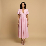 Vestido Midi Manga Mariposa Escote V Cintura Smocking Botones Mujer