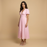 Vestido Midi Manga Mariposa Escote V Cintura Smocking Botones Mujer