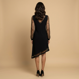 Vestido Corto Crepé Mangas Tul Brillante Bajo Asimétrico Mujer