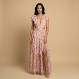 Vestido Largo Floral Volantes Hombro Cut-out Cintura Abertura Alta Mujer