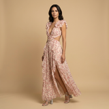 Vestido Largo Floral Volantes Hombro Cut-out Cintura Abertura Alta Mujer
