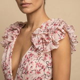Vestido Largo Floral Volantes Hombro Cut-out Cintura Abertura Alta Mujer