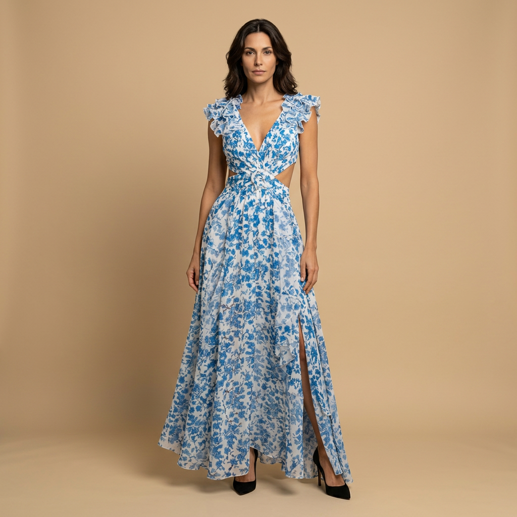 Vestido Largo Floral Volantes Hombro Cut-out Cintura Abertura Alta Mujer